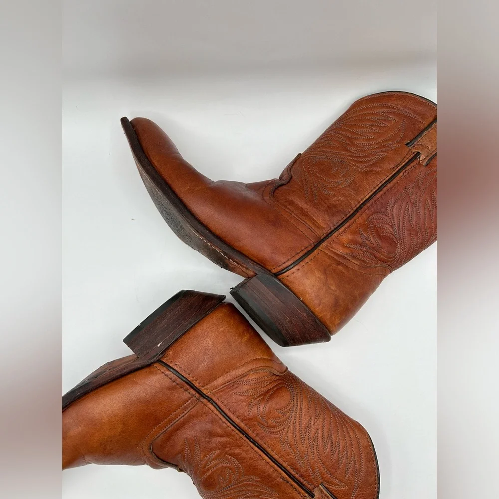 Vintage CODE WEST Tan Leather Cowboy Boots Midi Western BOHO Women’s SZ 7 - Picture 3 of 10